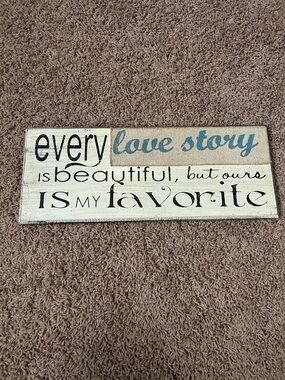 Rustic "Every Love Story" Wooden Wall Sign - Blue & Cream